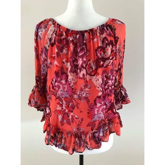 LUCKY BRAND Boho Off The Shoulder Blouse Top Size Medium Coral Pink Floral EUC - Picture 5 of 6